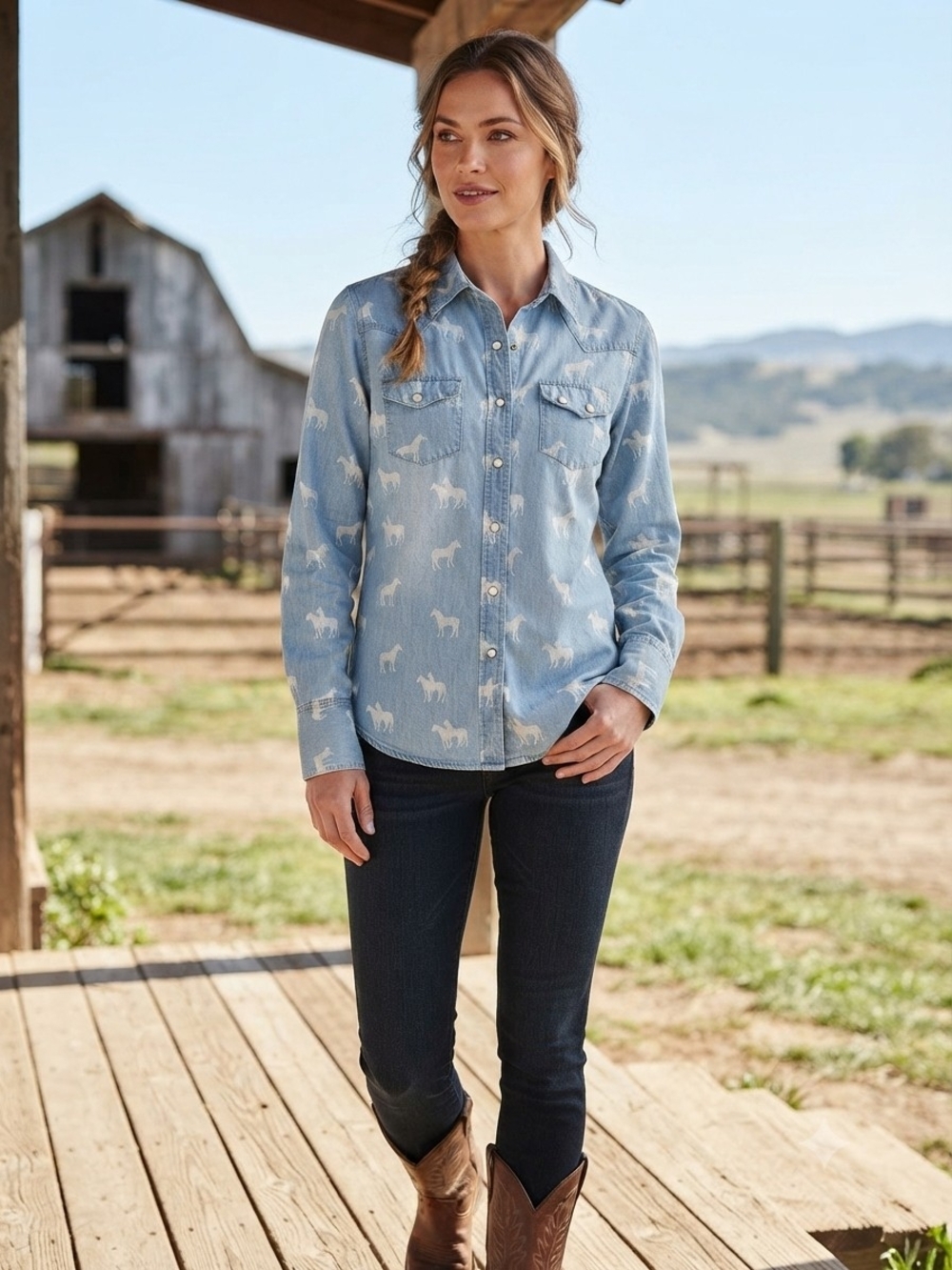 Tasha Polizzi Maxine Western Pearl Snap Horse Print Denim Shirt XL Cowgirl